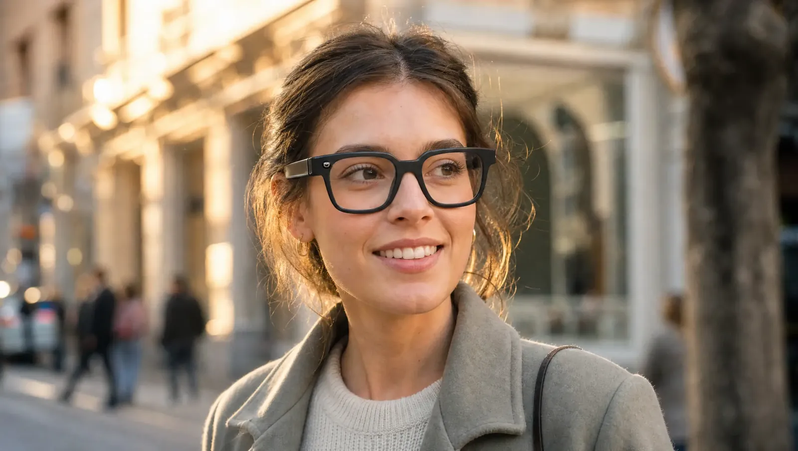 Frau trägt eine Smartbrille mit Kamera in der Stadt